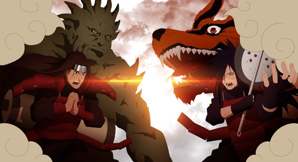 Anime picture 4096x2227 with naruto studio pierrot naruto (series) uchiha madara kurama (kyuubi) senju hashirama raikiriii long hair highres open mouth black hair wide image absurdres cloud (clouds) multiple boys battle screaming rinnegan hokage bijuu