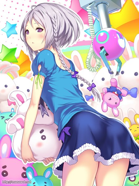 Anime picture 600x800 with ilog kajiura minori mana kakkowarai single tall image blush short hair purple eyes looking away braid (braids) grey hair girl dress bow hair bow toy stuffed animal