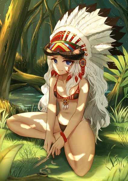 Anime picture 1060x1500 with original daydream (zhdkffk21) single long hair tall image looking at viewer blue eyes light erotic smile sitting bare shoulders full body bent knee (knees) outdoors white hair barefoot horn (horns) from above sunlight bare legs
