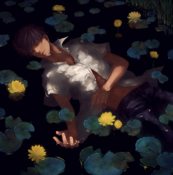 Anime picture 1000x1012 with original ame (conronca) single tall image short hair black hair lying eyes closed sleeping ophelia's pose boy flower (flowers) water lily (flower)
