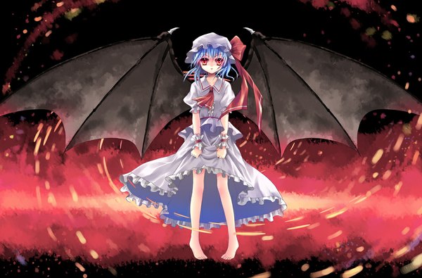 Anime picture 1000x659 with touhou remilia scarlet sousouman single short hair red eyes blue hair girl dress bow wings frills bonnet