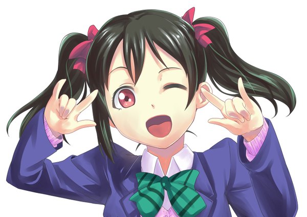 Anime picture 1500x1062 with love live! school idol project sunrise (studio) love live! yazawa nico hitsuji (hitsuji kikaku) single looking at viewer short hair open mouth black hair simple background smile red eyes white background twintails one eye closed wink short twintails mmm girl