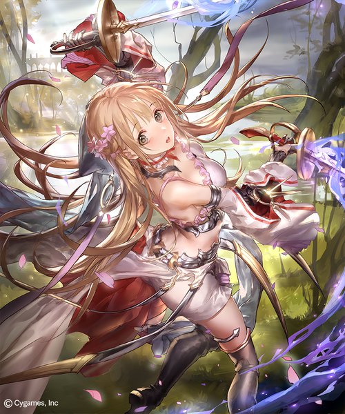 Anime picture 800x960 with shadowverse dionne dancing blade liiko single long hair tall image looking at viewer blush fringe breasts open mouth brown hair standing holding sky cloud (clouds) ahoge outdoors blunt bangs head tilt