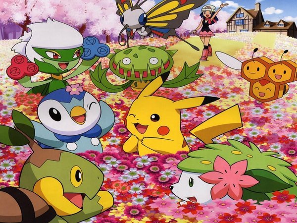 Anime picture 1024x768 with pokemon nintendo pikachu dawn (pokemon) piplup shaymin turtwig roserade beautifly combee carnivine open mouth smile animal ears one eye closed wink cherry blossoms gen 1 pokemon gen 4 pokemon gen 3 pokemon