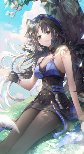 Anime-Bild 750x1375 mit wuthering waves yangyang (wuthering waves) ozzingo single long hair tall image looking at viewer breasts open mouth black hair smile sitting bare shoulders sky cloud (clouds) :d wind black eyes mole mole under eye