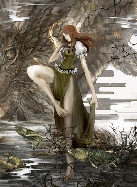 Anime picture 1100x1500 with touhou hong meiling kentarou tall image brown hair profile barefoot wind bare legs legs magic girl skirt animal water skirt set fish (fishes) turtle