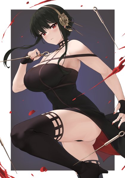 Anime picture 3500x5000 with spy x family yor briar cynd single long hair tall image looking at viewer blush fringe highres breasts light erotic black hair simple background red eyes large breasts standing bare shoulders holding absurdres