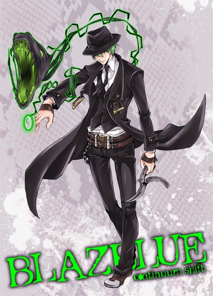 Anime picture 1216x1684 with blazblue blazblue: continuum shift hazama yuuki tall image short hair green hair magic smirk boy weapon hat belt chain cloak suit monster snake costume