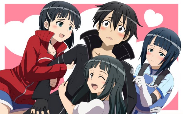 Anime picture 1200x748 with sword art online a-1 pictures kirigaya kazuto kirigaya suguha yui (sao) sachi (sao) kamelie blush short hair open mouth blue eyes black hair wide image multiple girls green eyes one eye closed wink mole mole under eye girl