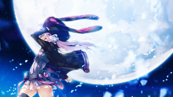 Anime picture 1000x563 with vocaloid yuzuki yukari tokiame single long hair wide image twintails animal ears pink hair eyes closed wind bunny ears low twintails fake animal ears girl thighhighs dress jacket hood moon