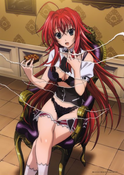 Anime picture 2267x3203 with highschool dxd rias gremory single tall image looking at viewer highres open mouth blue eyes light erotic sitting ahoge red hair very long hair scan girl uniform underwear panties school uniform lingerie