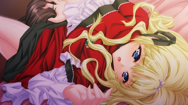 Anime picture 1024x576 with eve to iu na no omocha eve quart gotou long hair blue eyes light erotic blonde hair wide image game cg girl