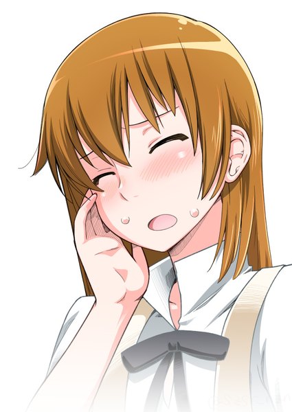 Anime picture 627x885 with working!! a-1 pictures todoroki yachiyo suzushiro nazuna single long hair tall image blush fringe open mouth simple background hair between eyes brown hair white background eyes closed sweat portrait waitress hand on cheek girl