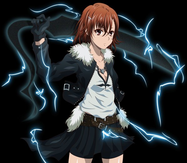 Anime picture 1581x1378 with to aru kagaku no railgun to aru majutsu no index j.c. staff misaka mikoto tennen ahoke single short hair brown hair brown eyes lightning electricity biribiri girl skirt gloves miniskirt