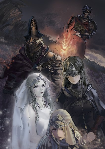 Anime picture 1240x1754 with dark souls (series) dark souls dark souls 3 from software fire keeper soul of cinder abyss watcher company captain yorshka sirris of the sunless realms liyou-ryon long hair tall image looking at viewer black hair smile red eyes standing multiple girls looking away sky