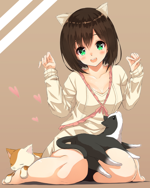 Anime picture 1600x2000 with idolmaster idolmaster cinderella girls maekawa miku anza tomo tall image looking at viewer blush fringe short hair breasts open mouth large breasts sitting green eyes animal ears cleavage eyes closed head tilt black eyes cat ears