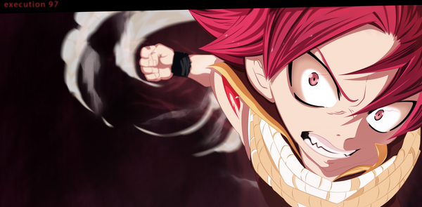 Anime picture 2500x1230 with fairy tail natsu dragneel execution97 single highres short hair red eyes wide image red hair tattoo sleeveless grin coloring smoke muscle angry boy scarf wristlet fist