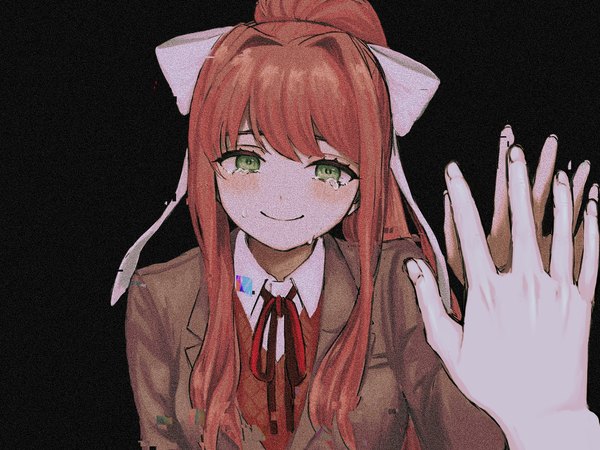 Anime picture 1806x1354 with doki doki literature club monika (doki doki literature club) renshu usodayo long hair looking at viewer blush fringe highres simple background smile green eyes payot upper body ponytail long sleeves head tilt orange hair tears black background crying