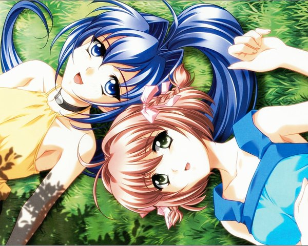 Anime picture 1280x1024 with kimi ga nozomu eien suzumiya haruka hayase mitsuki long hair looking at viewer fringe short hair open mouth blue eyes hair between eyes bare shoulders multiple girls green eyes payot blue hair upper body ahoge ponytail lying braid (braids)