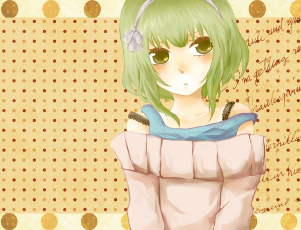Anime picture 1200x920 with vocaloid gumi single blush short hair green eyes green hair polka dot polka dot background girl hairband sweater