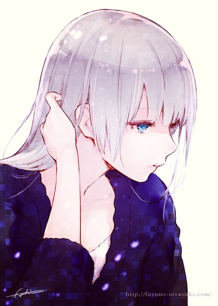 Anime picture 600x840 with original yuranpo single long hair tall image fringe blue eyes simple background white background signed looking away silver hair long sleeves profile lips watermark adjusting hair girl sweater