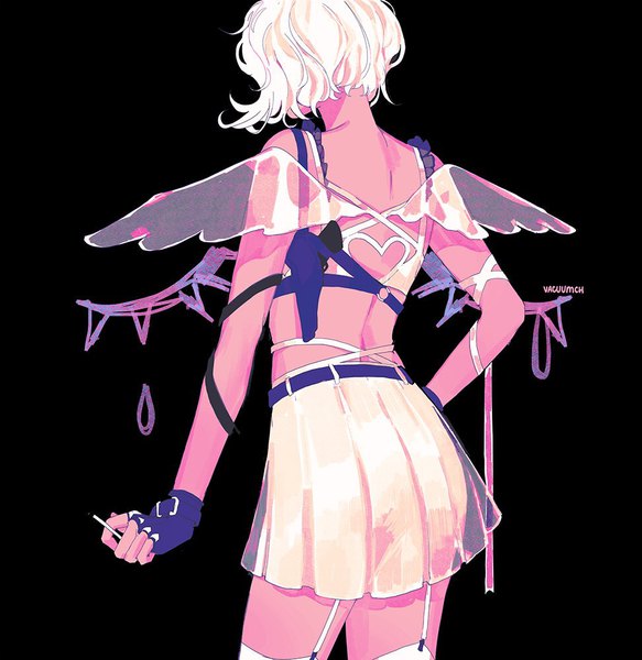 Anime picture 972x1000 with original sofiia drozdova (vacuumch) single tall image short hair simple background standing holding signed white hair pleated skirt from behind back black background angel wings fake wings girl thighhighs skirt gloves