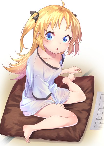 Anime picture 1162x1641 with ryuuou no oshigoto! charlotte izoard tenkuu nozora single long hair tall image looking at viewer open mouth blue eyes light erotic blonde hair sitting full body ahoge barefoot from above bare legs :o two side up wariza