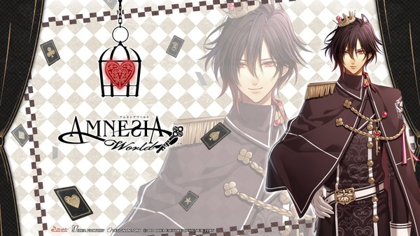Anime picture 1920x1080 with amnesia amnesia world idea factory shin (amnesia) hanamura mai single looking at viewer fringe highres short hair black hair red eyes wide image standing game cg inscription official art wallpaper hand on hip checkered