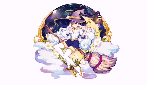 Anime picture 2075x1200 with original k (sktchblg) single long hair looking at viewer highres smile wide image white background sitting holding brown eyes cloud (clouds) white hair pleated skirt witch crescent curly hair starry sky print space print