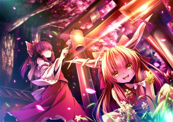 Anime picture 1500x1060 with touhou hakurei reimu ibuki suika ryosios long hair open mouth black hair brown hair purple eyes multiple girls yellow eyes japanese clothes horn (horns) cherry blossoms girl skirt flower (flowers) bow 2 girls plant (plants)
