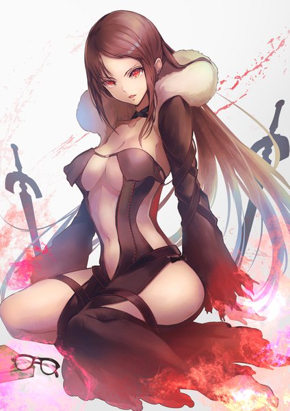 Anime picture 1427x2018 with fate (series) fate/grand order yu mei-ren (fate) omoti (1201208) single long hair tall image looking at viewer fringe breasts open mouth light erotic simple background red eyes brown hair large breasts white background sitting payot cleavage