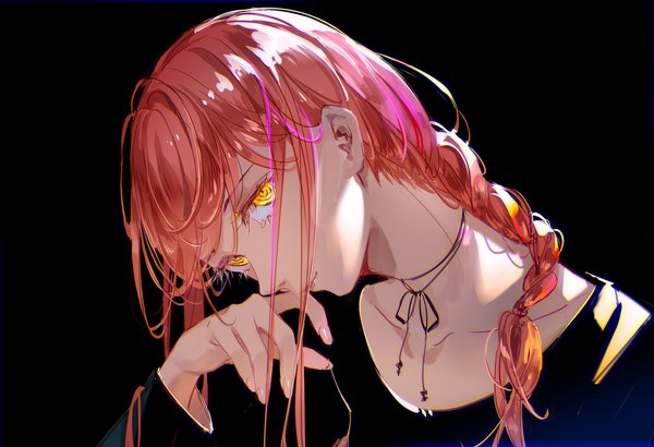Anime picture 2000x1368 with chainsaw man mappa makima (chainsaw man) tidsean single long hair looking at viewer fringe highres simple background yellow eyes upper body red hair braid (braids) long sleeves fingernails single braid black background hand to mouth hair over shoulder