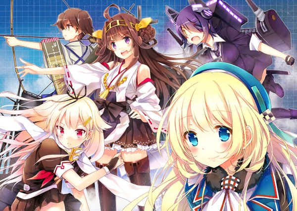 Anime picture 1252x894 with kantai collection kongou battleship atago heavy cruiser kaga aircraft carrier yuudachi destroyer tenryuu light cruiser mottsun long hair looking at viewer blush short hair open mouth blue eyes smile red eyes purple eyes multiple girls brown eyes yellow eyes looking away