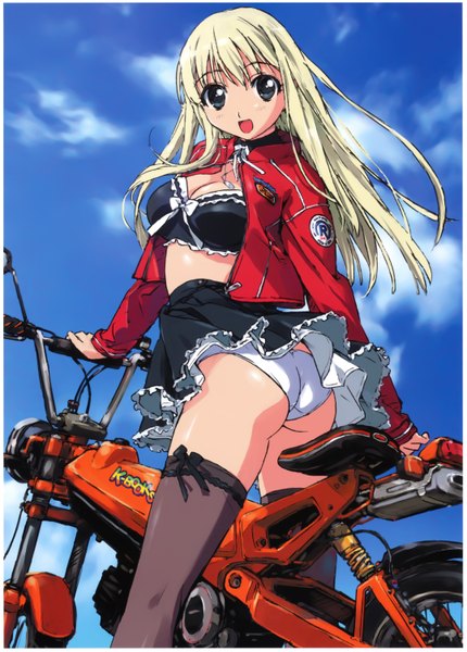 Anime picture 2153x3000 with takamura kazuhiro single long hair tall image highres open mouth light erotic blonde hair absurdres cleavage outdoors long sleeves aqua eyes midriff border thighhighs skirt underwear panties jacket