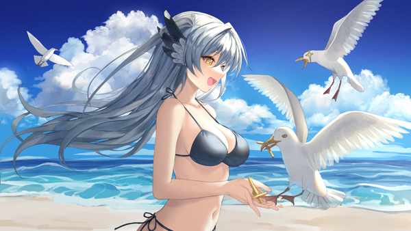 Anime picture 1600x900 with original kernel killer single long hair fringe breasts open mouth light erotic smile hair between eyes wide image large breasts standing holding yellow eyes looking away sky cleavage silver hair cloud (clouds)