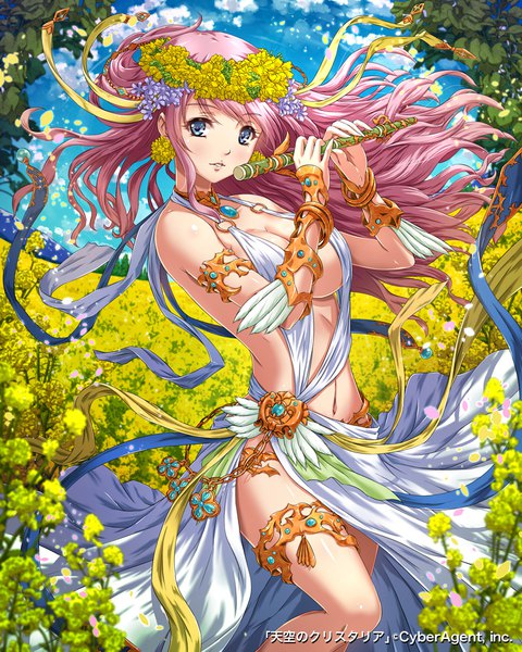 Anime picture 800x1000 with tenkuu no crystalia sakiyamama single long hair tall image looking at viewer blush fringe breasts blue eyes light erotic large breasts standing bare shoulders holding pink hair sky cleavage cloud (clouds) outdoors