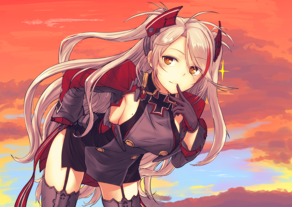 Anime picture 1771x1254 with azur lane prinz eugen (azur lane) kawama hidesuke single long hair looking at viewer blush fringe highres breasts light erotic smile large breasts standing yellow eyes payot sky silver hair cloud (clouds) outdoors