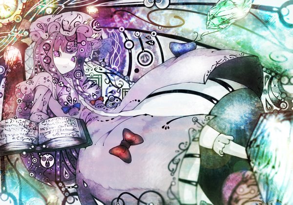 イラスト 1920x1350 と 東方 パチュリー・ノーレッジ sibanoue (artist) highres 紫目 purple hair 女の子 ちょう結び 帽子 本