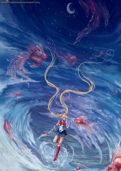 Anime picture 1024x1449 with bishoujo senshi sailor moon toei animation tsukino usagi sailor moon golden5nightingale (artist) single long hair tall image blonde hair standing twintails sky very long hair pleated skirt crescent girl gloves elbow gloves fish (fishes) staff