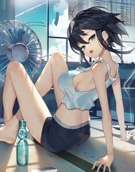 Anime picture 3432x4376 with original scottie (phantom2) single tall image looking at viewer fringe highres short hair breasts open mouth blue eyes light erotic black hair hair between eyes large breasts sitting payot absurdres sky cloud (clouds)