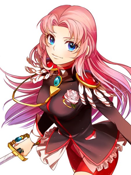Anime picture 1200x1600 with revolutionary girl utena j.c. staff tenjou utena ateka (artist) single long hair tall image looking at viewer blue eyes simple background white background pink hair light smile from above girl uniform weapon sword shorts military uniform