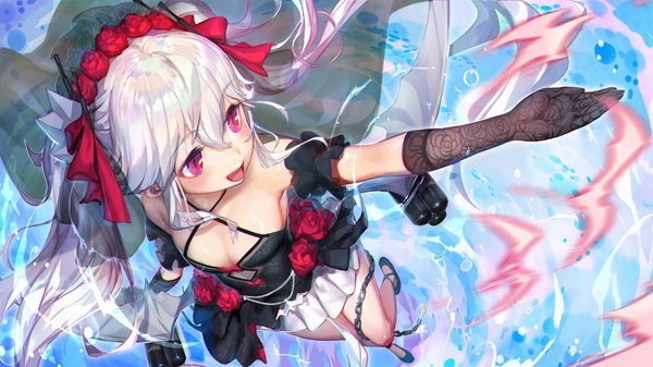 Anime picture 1920x1080 with azur lane vampire (azur lane) vampire (eloi's blessing) (azur lane) gorgeous mushroom single long hair blush fringe highres breasts open mouth hair between eyes wide image twintails bare shoulders payot looking away cleavage silver hair full body