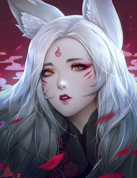 Anime picture 850x1100 with original paul (shiramune) single long hair tall image looking at viewer simple background signed animal ears yellow eyes silver hair upper body parted lips lips realistic teeth lipstick fox ears facial mark watermark