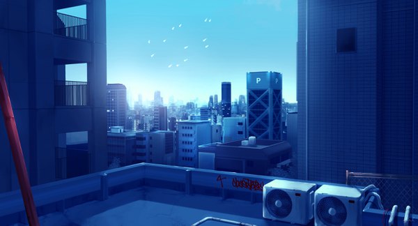Anime picture 2550x1378 with original maeda-mic highres wide image outdoors city cityscape building (buildings)