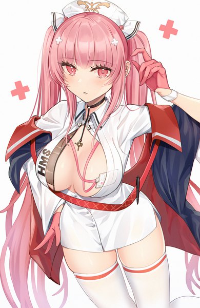 Anime picture 1000x1536 with azur lane perseus (azur lane) perseus (nursery service time) (azur lane) mugi (iccomae) single long hair tall image looking at viewer blush fringe breasts light erotic simple background large breasts standing white background twintails payot pink hair parted lips