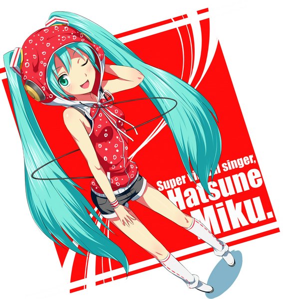 Anime picture 1000x1057 with vocaloid hatsune miku cola miku single tall image blush open mouth smile twintails very long hair one eye closed aqua eyes wink aqua hair girl socks shorts headphones white socks