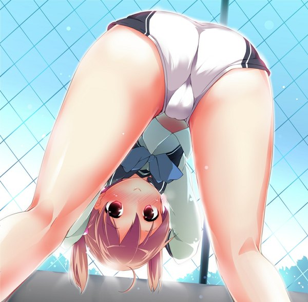 Anime picture 1000x982 with vividred operation isshiki akane shiina yuuki single looking at viewer blush short hair light erotic smile red eyes brown hair twintails brown eyes ass light smile from behind bare legs from below midriff short twintails