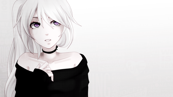 Anime picture 2600x1461 with original seethli single long hair highres simple background wide image white background purple eyes bare shoulders looking away white hair ponytail close-up girl choker