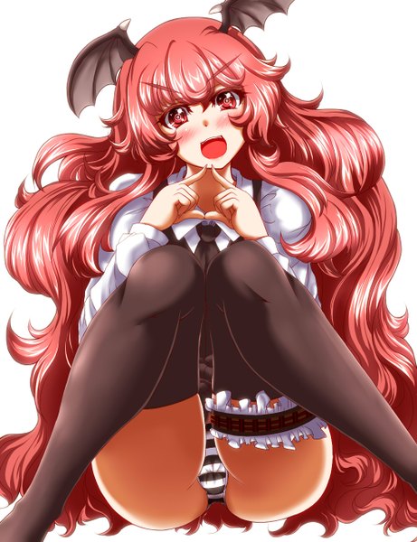 Anime picture 1000x1300 with touhou koakuma zan (harukahime) single tall image looking at viewer blush open mouth light erotic simple background red eyes white background red hair very long hair pantyshot sitting head wings girl thighhighs dress underwear