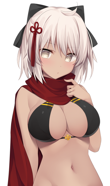 Anime picture 1052x1764 with fate (series) fate/grand order okita souji (fate) (all) okita souji alter (fate) miko (royal milk) single tall image looking at viewer blush fringe short hair breasts light erotic simple background hair between eyes large breasts white background yellow eyes silver hair upper body